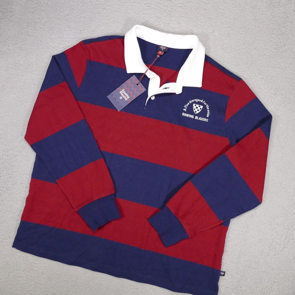 Rowing Blazers Navy And Burgundy Striped Rugby Shirt Mens 2XL New